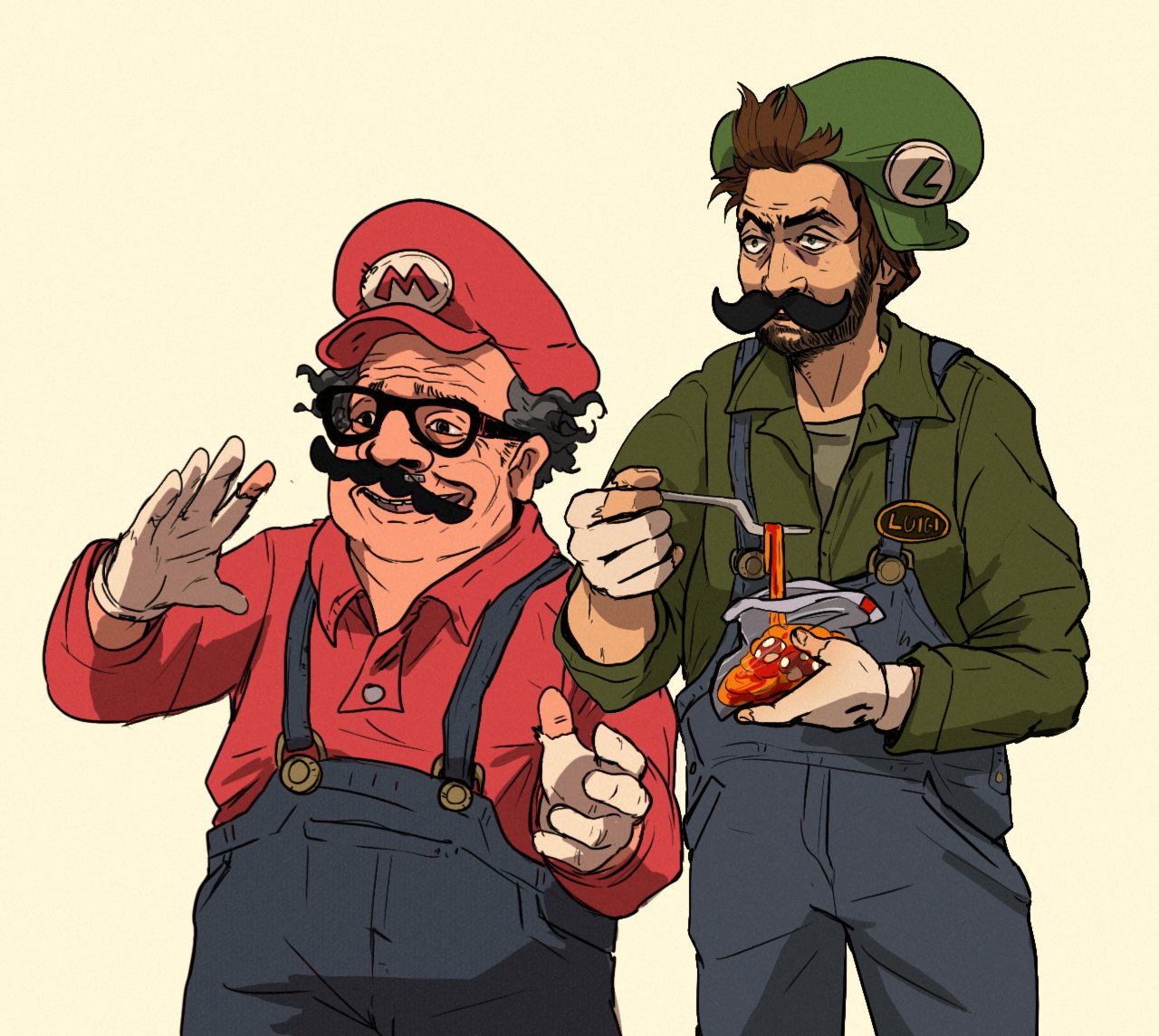 1boy, 2boys, bag, balding, beard, black-framed_eyewear, black_eyes, black_hair