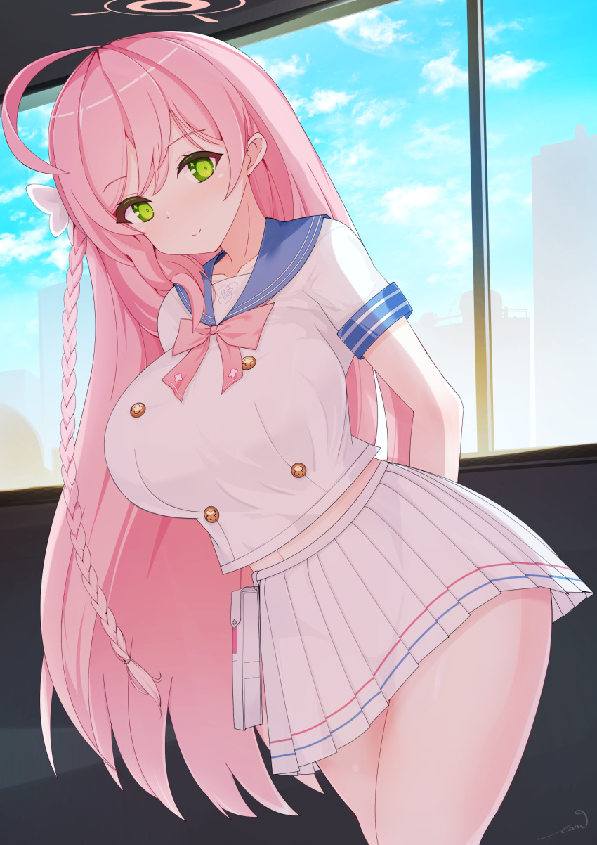 1girl, ahoge, arms_behind_back, blue_archive, blue_sailor_collar, blush, bow, bowtie