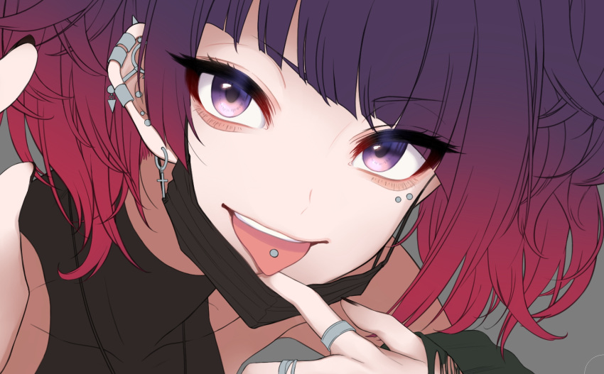 1girl, :p, asymmetrical_bangs, bangs, black_mask, blunt_bangs, collarbone, ear_piercing