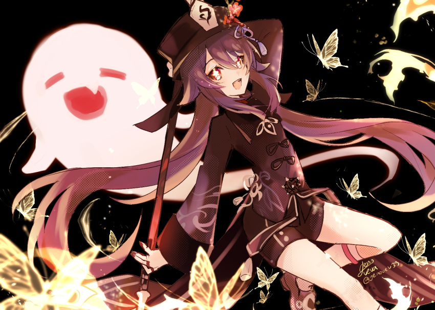 1girl, bangs, black_background, brown_hair, brown_headwear, brown_jacket, brown_shorts, bug, butterfly, fangs, flat_chest, genshin_impact, ghost, holding, holding_lance, holding_polearm, holding_weapon, hu_tao_(genshin_impact), jacket, lance, looking_back, open_mouth, polearm, shiro_yurei, shorts, smile, solo, symbol-shaped_pupils, twintails, weapon