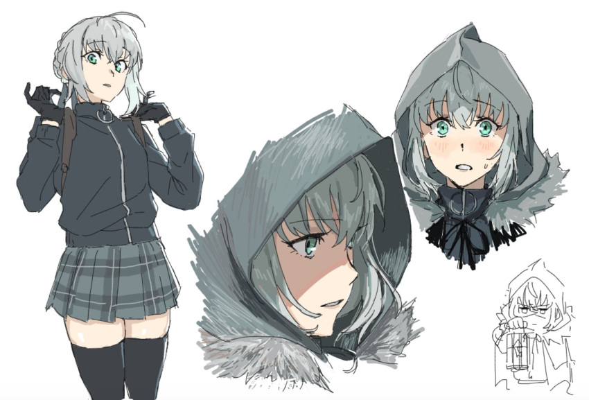 1girl, add_(fate), ahoge, black_gloves, black_legwear, blue_eyes, blush, braid, cropped_torso, crown_braid, eyebrows_visible_through_hair, fate_(series), french_braid, from_side, gloves, gray_(fate), grey_hair, grey_hoodie, grey_skirt, hair_between_eyes, hood, hoodie, long_hair, looking_at_viewer, lord_el-melloi_ii_case_files, multiple_views, original_nasu, parted_lips, sketch, skindentation, skirt, surprised, sweatdrop, thigh-highs, thighs, white_background, wide-eyed, zettai_ryouiki, zipper, zipper_pull_tab
