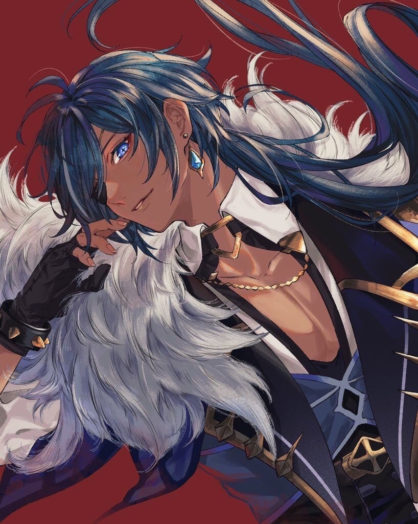 1boy, bangs, black_gloves, blue_eyes, blue_hair, cropped_torso, dark-skinned_male, dark_skin, earrings, eyepatch, fingerless_gloves, fur_trim, genshin_impact, gloves, gold_trim, jewelry, kaeya_(genshin_impact), lips, looking_at_viewer, male_focus, omotim000, pectorals, ponytail, red_background, simple_background, single_earring, solo, upper_body