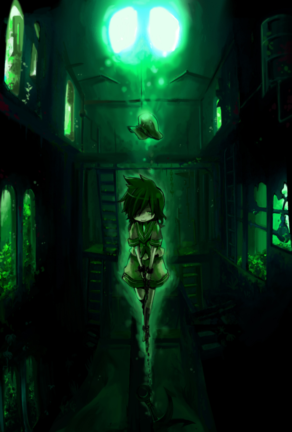 1girl, 3speed, anchor, black_hair, chain, chains, cuffs, green, green_eyes, hair_over_one_eye, hat, hat_removed, headwear_removed, highres, murasa_minamitsu, ruins, sailor, sailor_collar, sailor_hat, sailor_suit, shipwreck, short_hair, smile, solo, touhou, underwater, v_arms