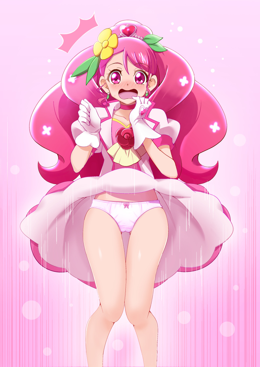 1girl, :o, absurdres, bare_legs, brooch, choker, cowboy_shot, cure_grace, dress, earrings, embarrassed, flower, flower_ornament, gloves, hair_flower, hair_ornament, hanadera_nodoka, healin'_good_precure, heart, heart_hair_ornament, highres, jewelry, long_hair, looking_at_viewer, magical_girl, motion_lines, open_mouth, panties, pink_dress, pink_eyes, pink_hair, pink_neckwear, pink_theme, precure, skirt, skirt_flip, solo, standing, surprised, thigh_gap, tirofinire, underwear, white_gloves, white_panties, wind, wind_lift