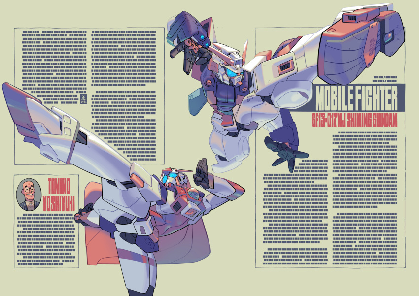 1boy, bald, black_eyes, blonde_hair, fake_scan, g_gundam, glasses, gundam