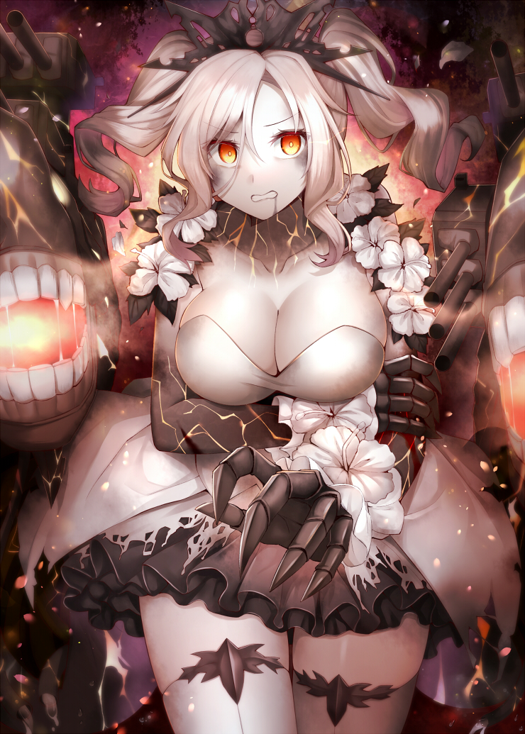 1girl, abyssal_ship, breasts, cannon, colored_skin, commentary, dress, drill_hair