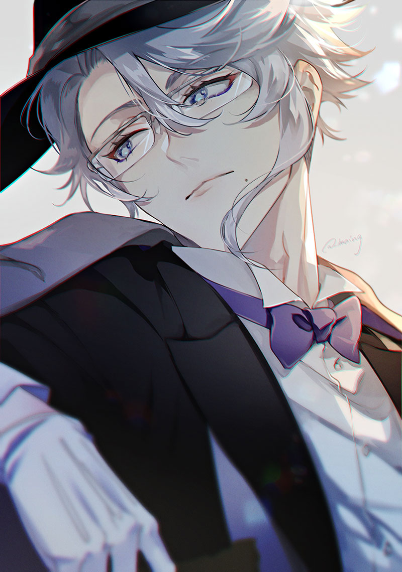 1boy, artist_name, azul_ashengrotto, bangs, black_jacket, blue_eyes, bow, bowtie
