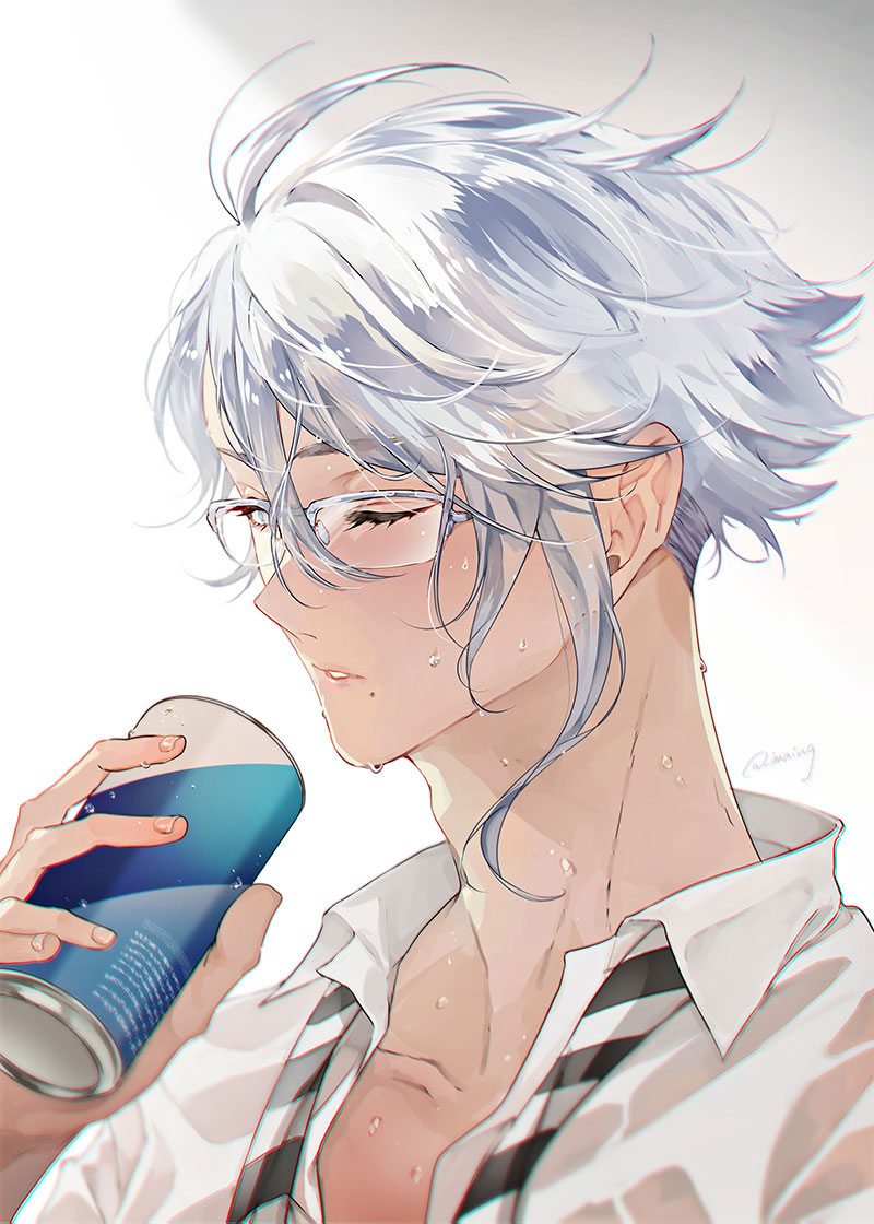 >_o, 1boy, artist_name, azul_ashengrotto, bangs, blue_eyes, can, glasses