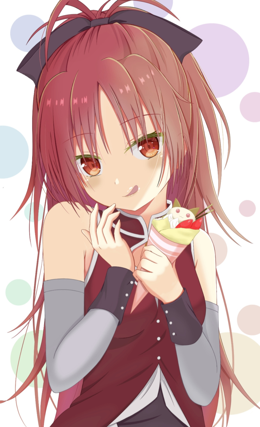 1girl, bare_shoulders, black_bow, bow, bubble_background, commentary_request, crepe, detached_sleeves