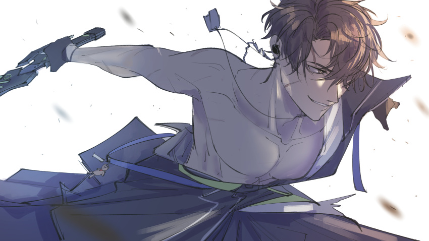 1boy, absurdres, aki_(girls'_frontline_nc), black_gloves, brown_eyes, brown_hair, charm_(object), commentary_request, dog_tags, earpiece, girls'_frontline_neural_cloud, girls_frontline, gloves, grin, hadanugi_dousa, hair_over_one_eye, highres, holding, holding_sword, holding_weapon, japanese_clothes, kimono, male_focus, messy_hair, open_clothes, open_kimono, pectorals, scar, scar_on_cheek, scar_on_face, shirokaza, short_hair, smile, stuffed_animal, stuffed_toy, sword, teddy_bear, upper_body, weapon, white_background