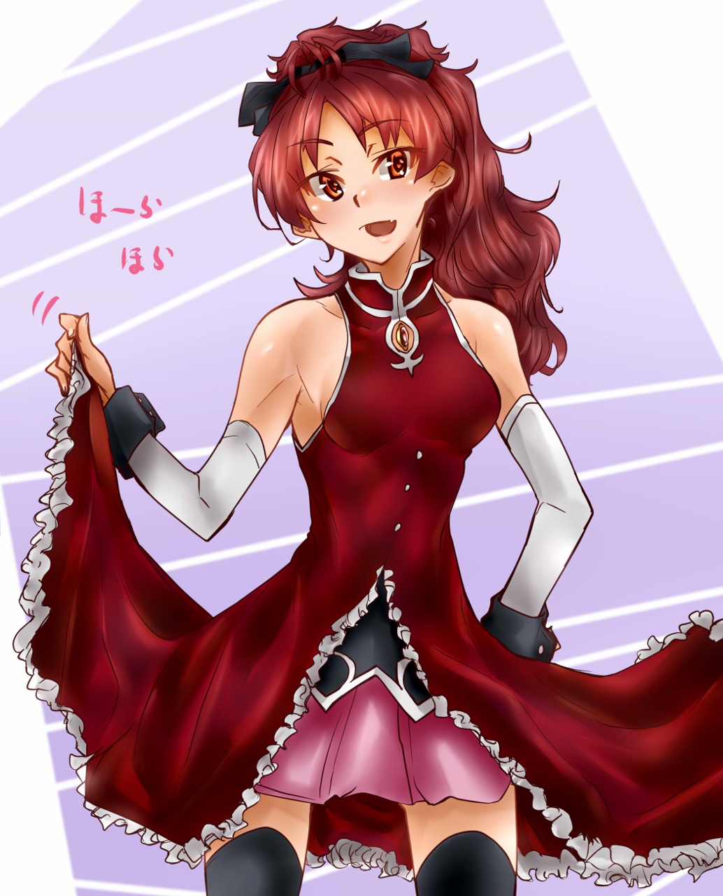 1girl, bare_shoulders, black_bow, black_legwear, bow, commentary_request, detached_sleeves, dress