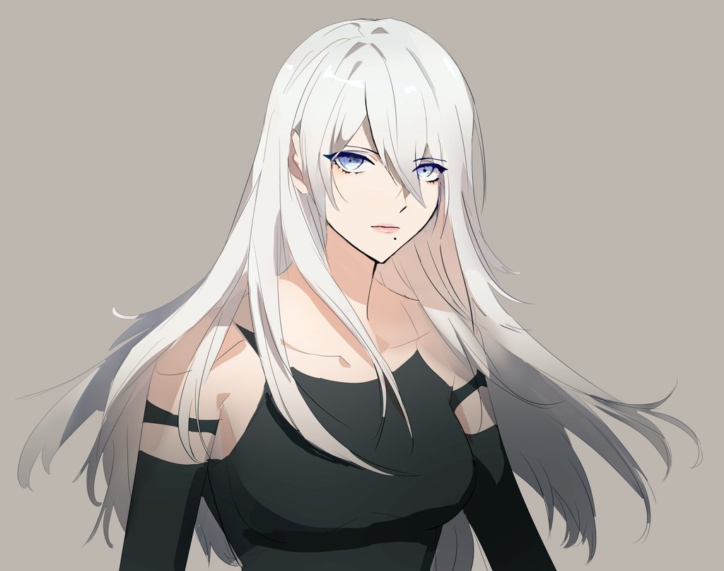 1girl, armlet, black_gloves, black_tank_top, blue_eyes, breasts, closed_mouth, elbow_gloves, eyebrows_visible_through_hair, eyes_visible_through_hair, gloves, hair_between_eyes, long_hair, medium_breasts, mole, mole_under_mouth, nier_(series), nier_automata, shaokao_range, simple_background, solo, tank_top, white_hair, yorha_type_a_no._2