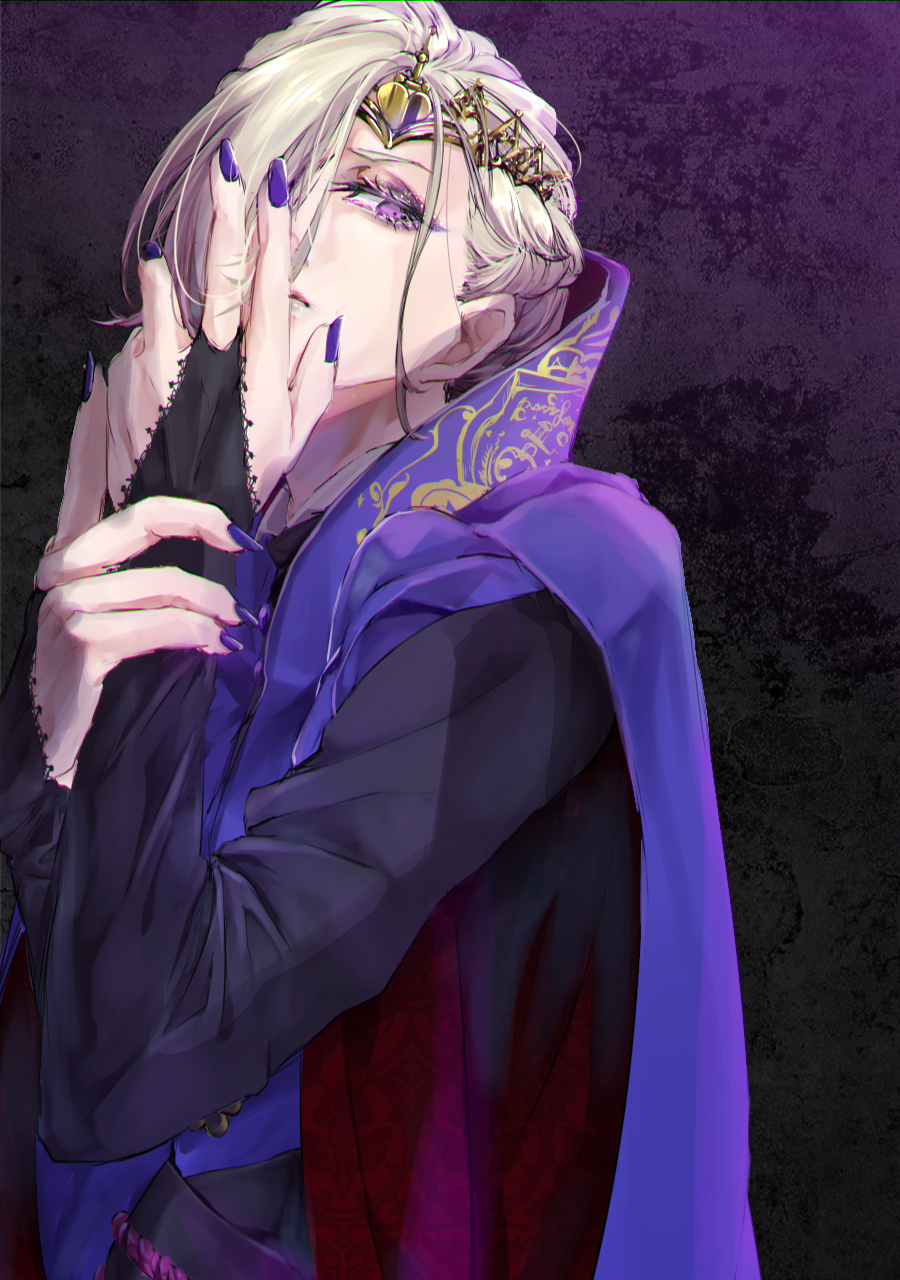 1boy, bangs, blonde_hair, bridal_gauntlets, closed_mouth, collared_shirt, crown, eyeshadow