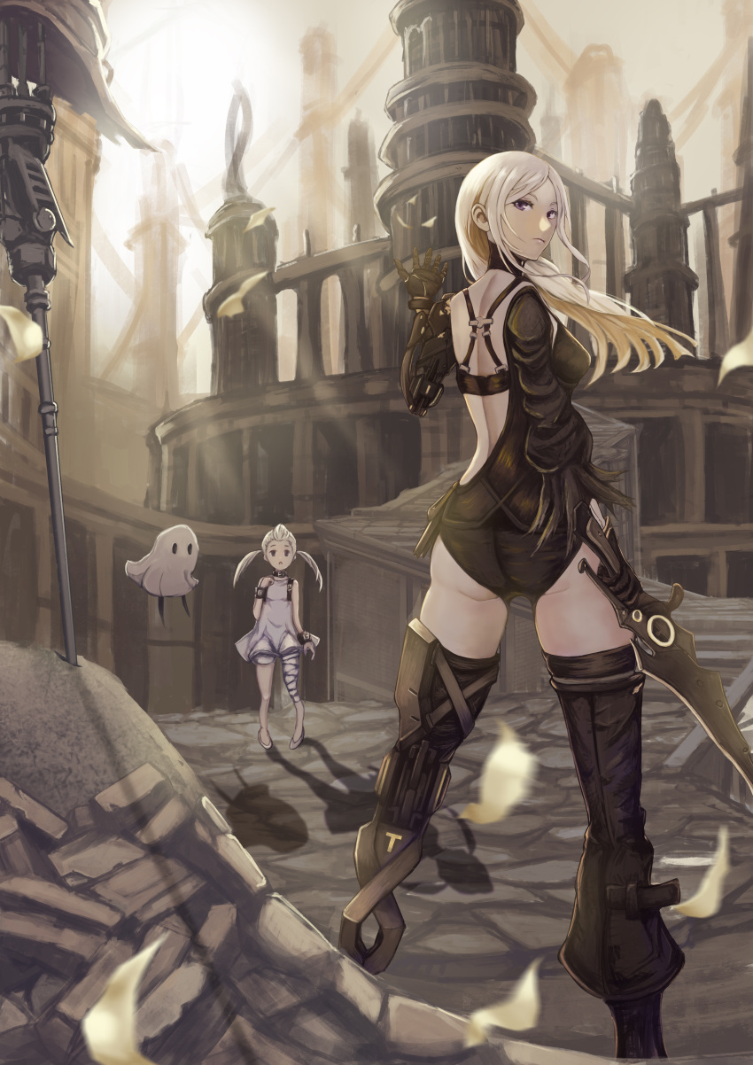 1other, 2girls, absurdres, black_legwear, fio_(nier), floating, frenlyse, highres