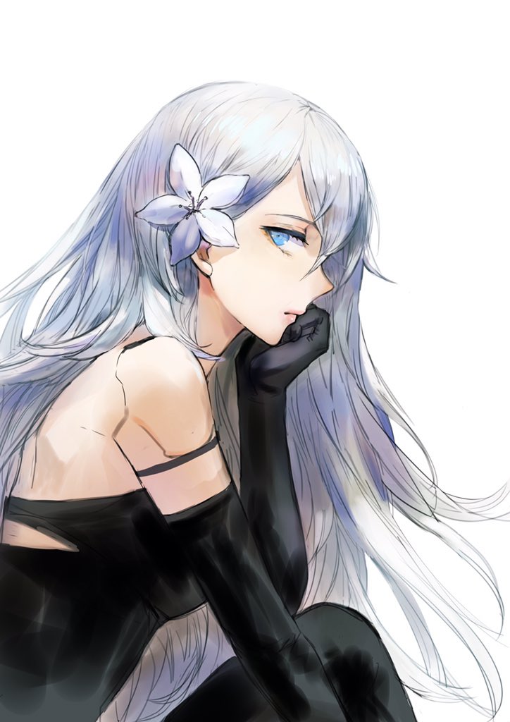 1girl, android, armlet, black_gloves, black_legwear, black_tank_top, blue_eyes, elbow_gloves