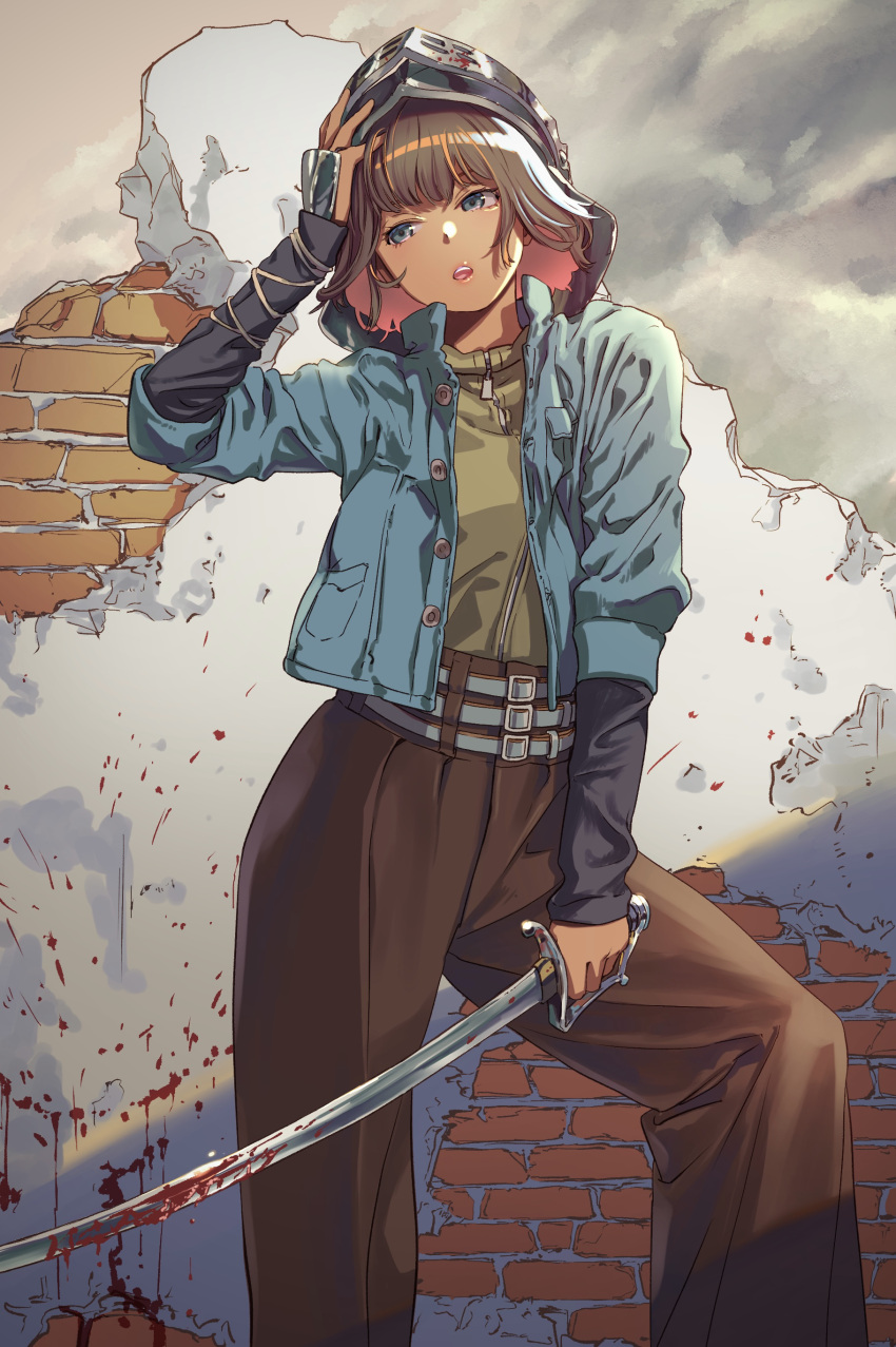 1girl, absurdres, bangs, blood, blood_on_weapon, blue_eyes, brown_hair, helmet