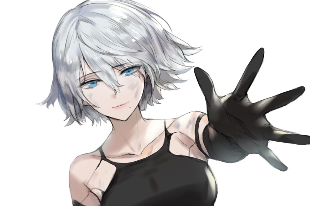 1girl, android, armlet, black_gloves, black_tank_top, blue_eyes, closed_mouth, collarbone