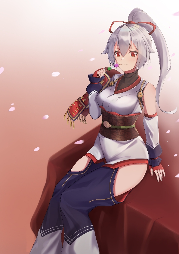 1girl, armor, asymmetrical_sleeves, black_undershirt, blue_hakama, breasts, dai_mao_xuan_yi, dango