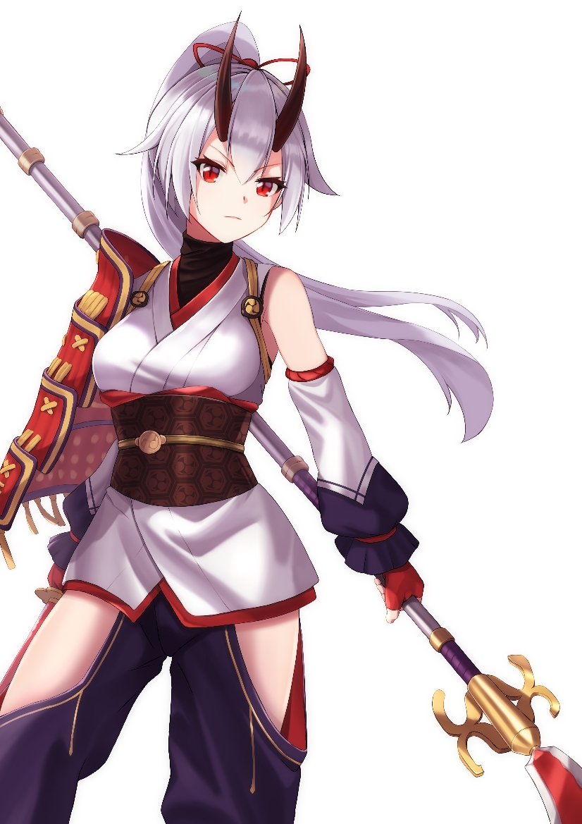 1girl, armor, asymmetrical_sleeves, black_undershirt, blue_hakama, breasts, dai_mao_xuan_yi, detached_sleeves