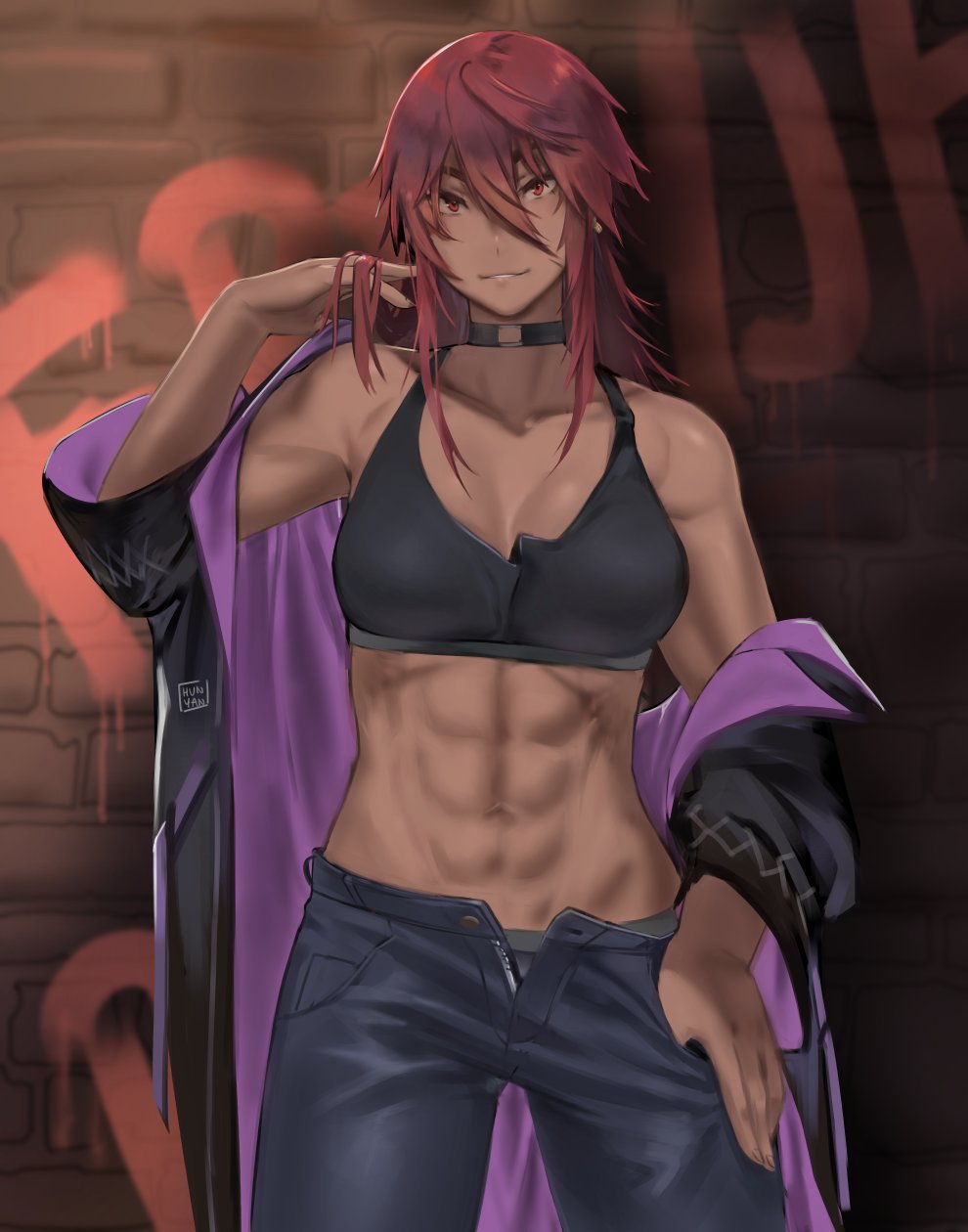 1girl, abs, bare_shoulders, breasts, brick_wall, choker, collarbone, cowboy_shot
