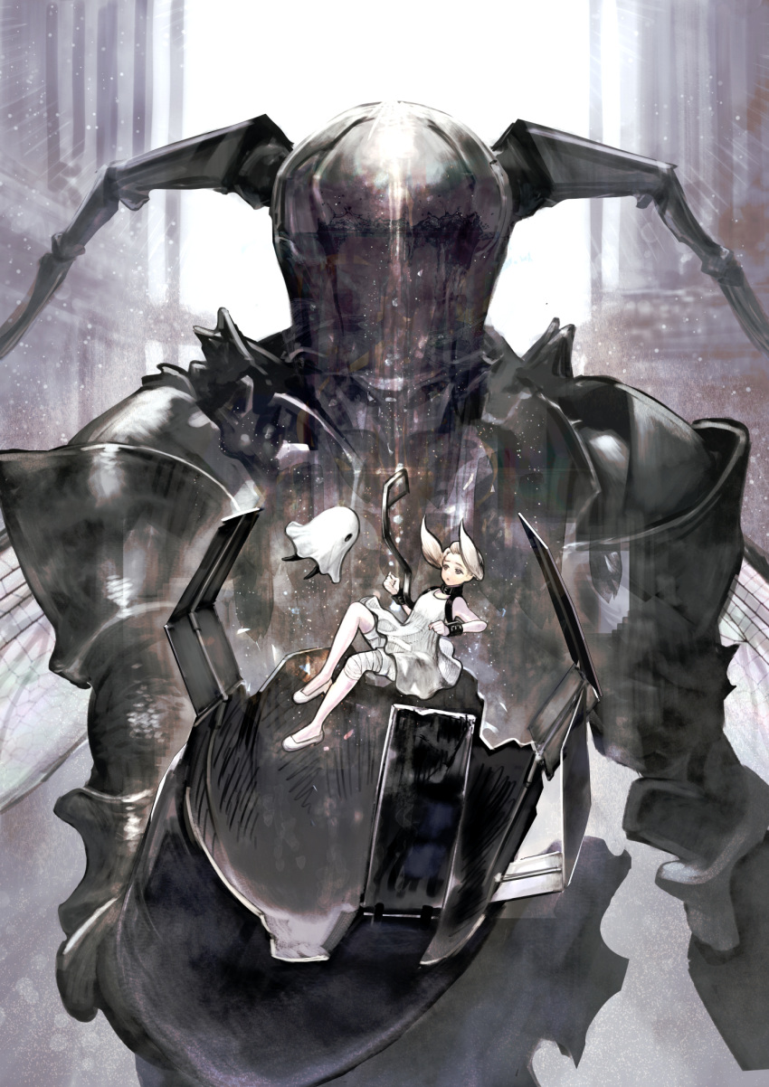 1girl, 1other, bandaged_leg, bandages, black_monster_(nier), blonde_hair, covered_face, creature