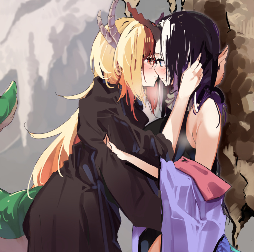 2girls, bare_shoulders, black_hair, black_robe, black_shirt, blonde_hair, blue_eyes, closed_mouth