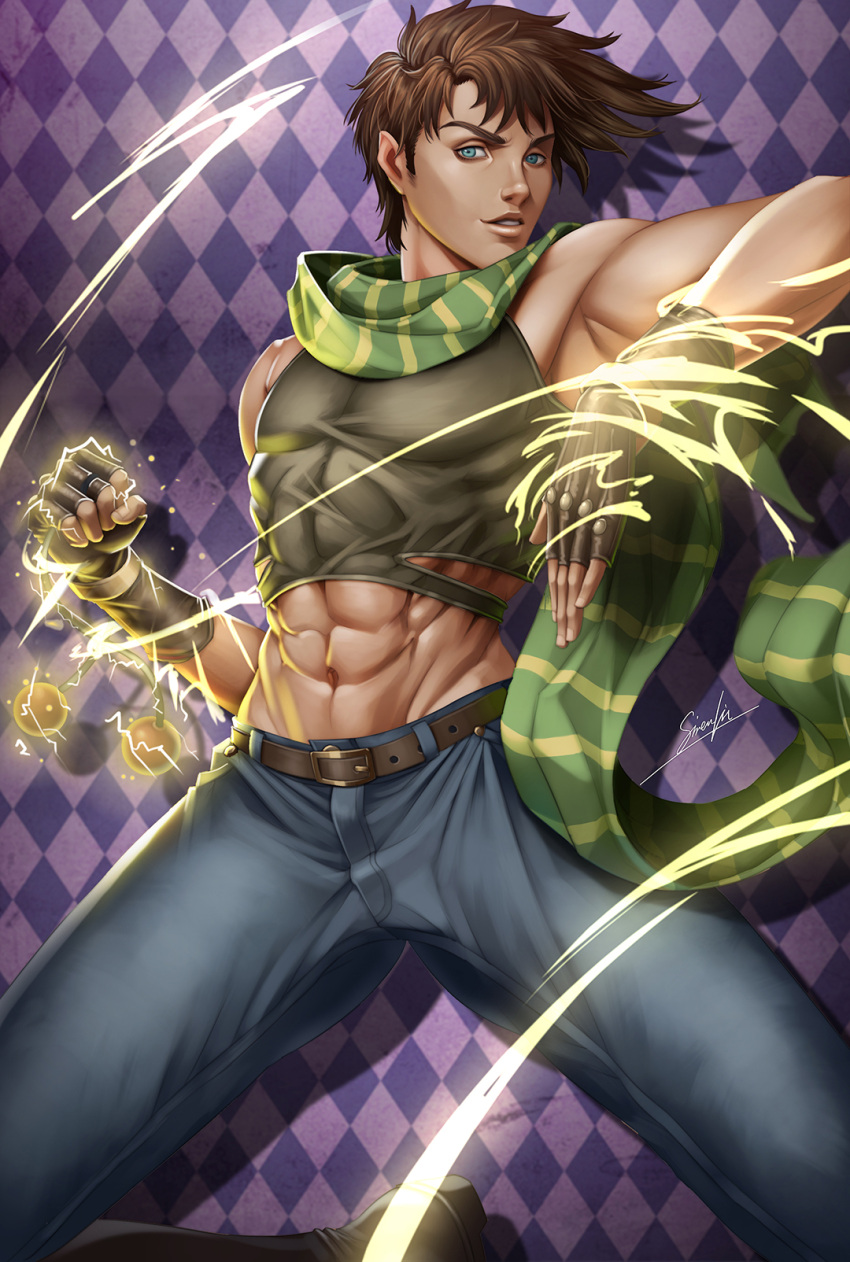 1boy, bare_shoulders, battle_tendency, belt, brown_hair, commentary, crop_top, denim, fingerless_gloves, gloves, green_scarf, hand_up, highres, jojo_no_kimyou_na_bouken, joseph_joestar, joseph_joestar_(young), looking_at_viewer, male_focus, midriff, mixed-language_commentary, muscular, muscular_male, navel, pants, pose, scarf, short_hair, sirenlin, sleeveless, smile, solo, tank_top, violet_eyes