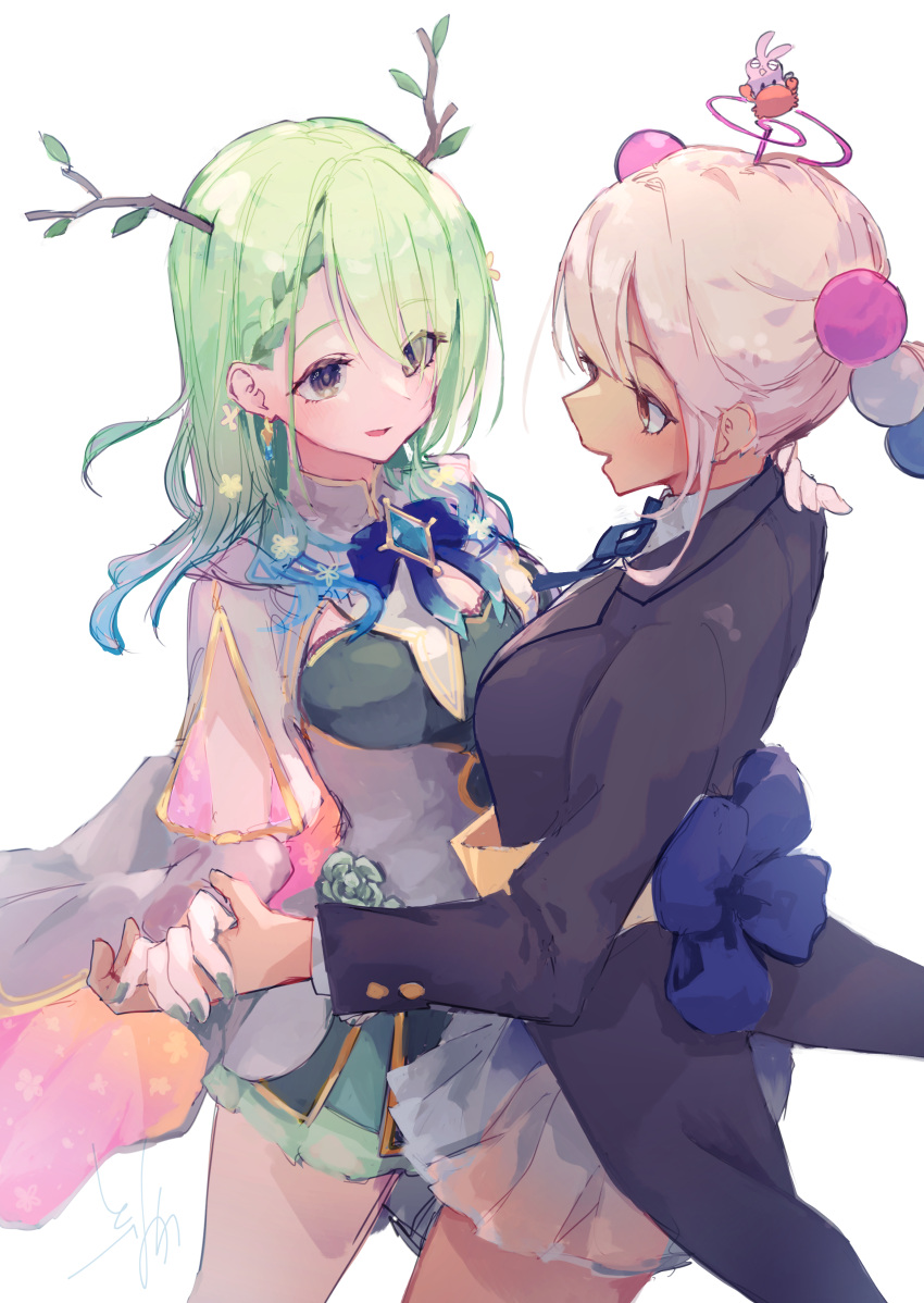 2girls, absurdres, alternate_costume, antlers, blonde_hair, braid, branch, ceres_fauna