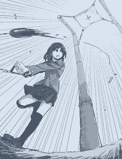 1girl, blazer, clenched_teeth, emphasis_lines, empty_eyes, eyebrows_visible_through_hair, from_below, hammer_throw