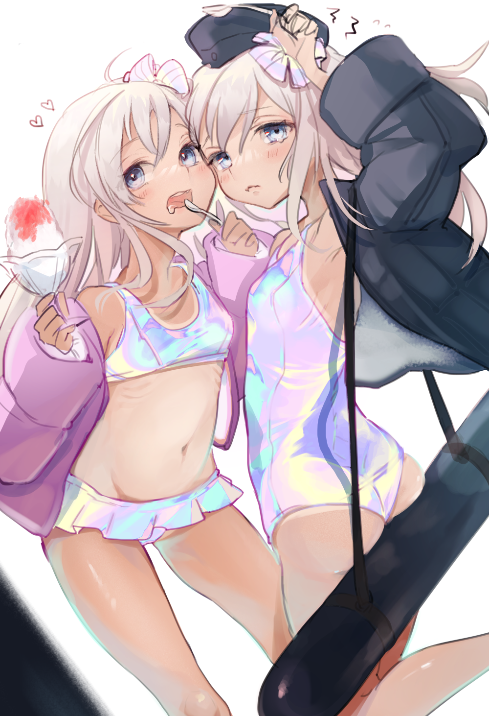 2girls, arm_up, ass, bangs, bikini, black_jacket, blue_eyes, blush