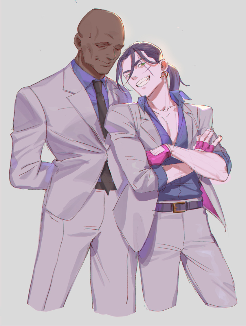 2boys, bald, belt, closed_eyes, collarbone, cropped_legs, crossed_arms, earrings