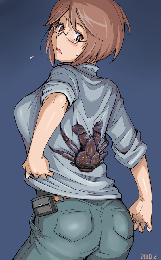 ass, bespectacled, blush, brown_eyes, brown_hair, casual, coconut_crab, crab