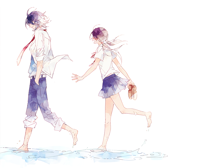 1boy, 1girl, :o, ahoge, arm_at_side, bangs, bare_legs, barefoot