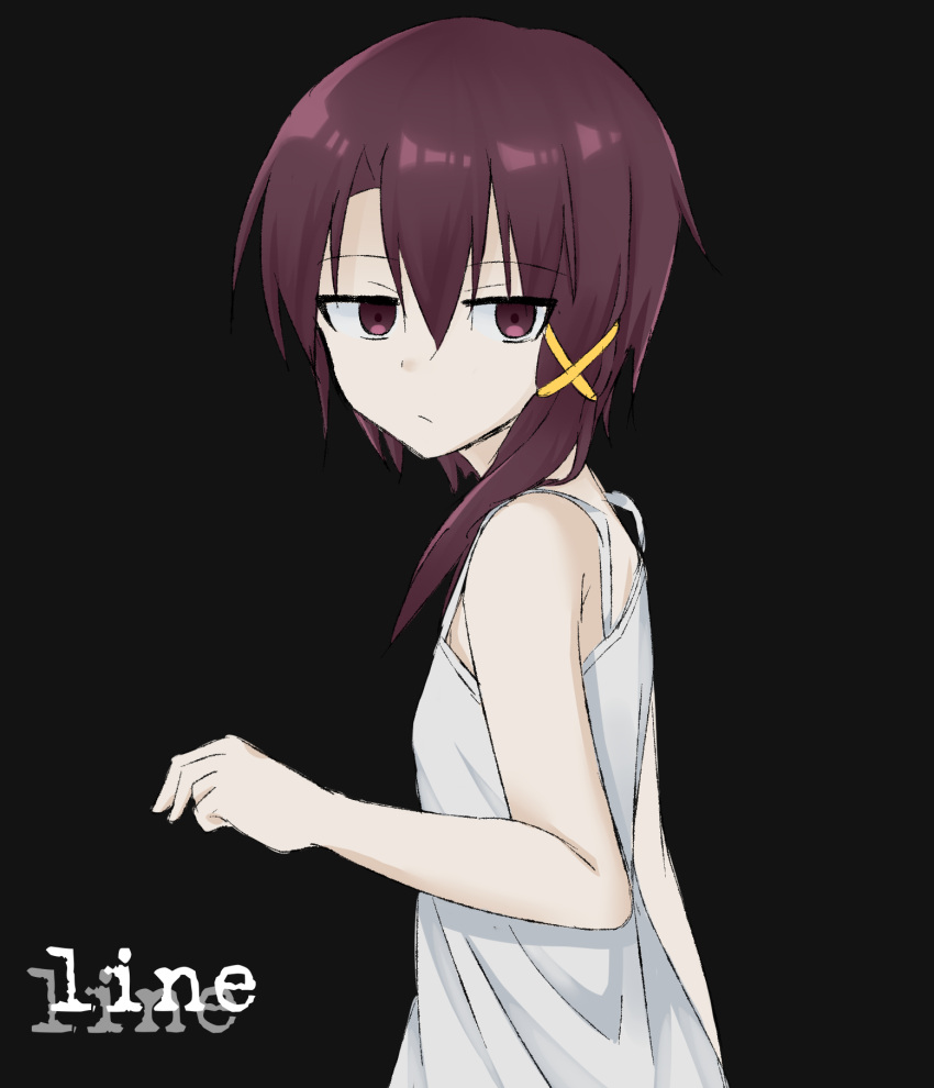1girl, asymmetrical_hair, brown_eyes, brown_hair, closed_mouth, dress, english_text, engrish_text, hair_ornament, hairclip, highres, iwakura_lain, looking_at_viewer, ranguage, rnond, serial_experiments_lain, short_hair, simple_background, sleeveless, solo, white_dress, x_hair_ornament