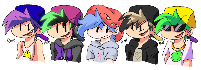 5boys, alternate_universe, black_eyes, black_hair, blue_hair, boyfriend_(friday_night_funkin'), brown_hair, dual_persona