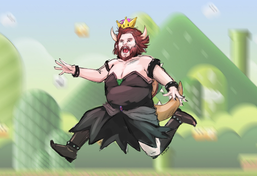 1boy, armlet, black_dress, black_nails, boots, bowsette, bowsette_(cosplay), bracelet