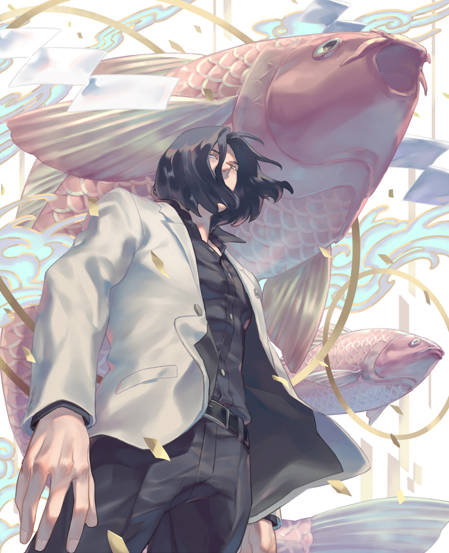 1boy, belt, black_hair, black_pants, black_shirt, commentary_request, confetti, fish