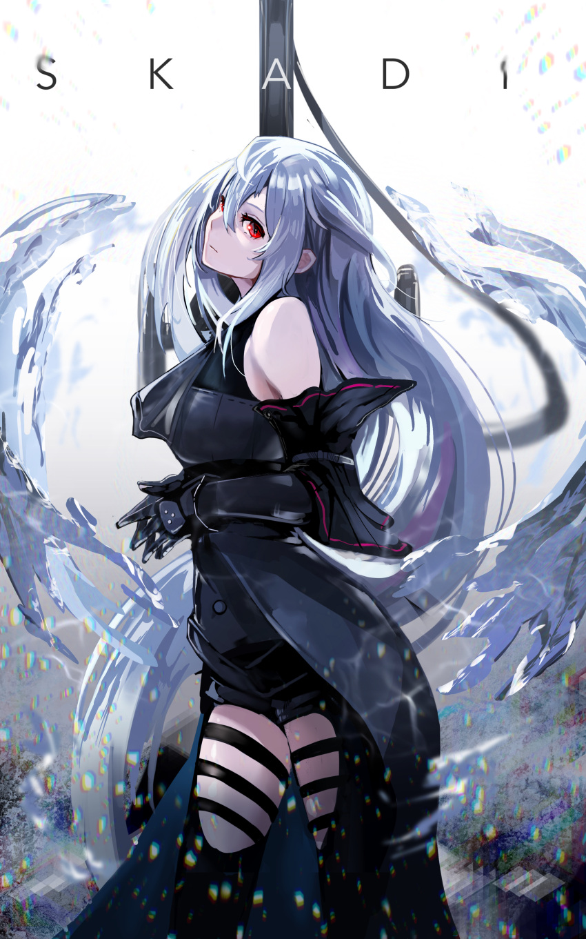 1girl, absurdres, arknights, arm_cuffs, ascot, bangs, bare_shoulders, black_gloves