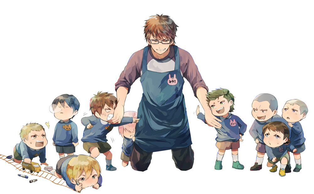6+boys, ace_of_diamond, apron, brown_hair, crayon, furuya_satoru, glasses, hand_on_hip