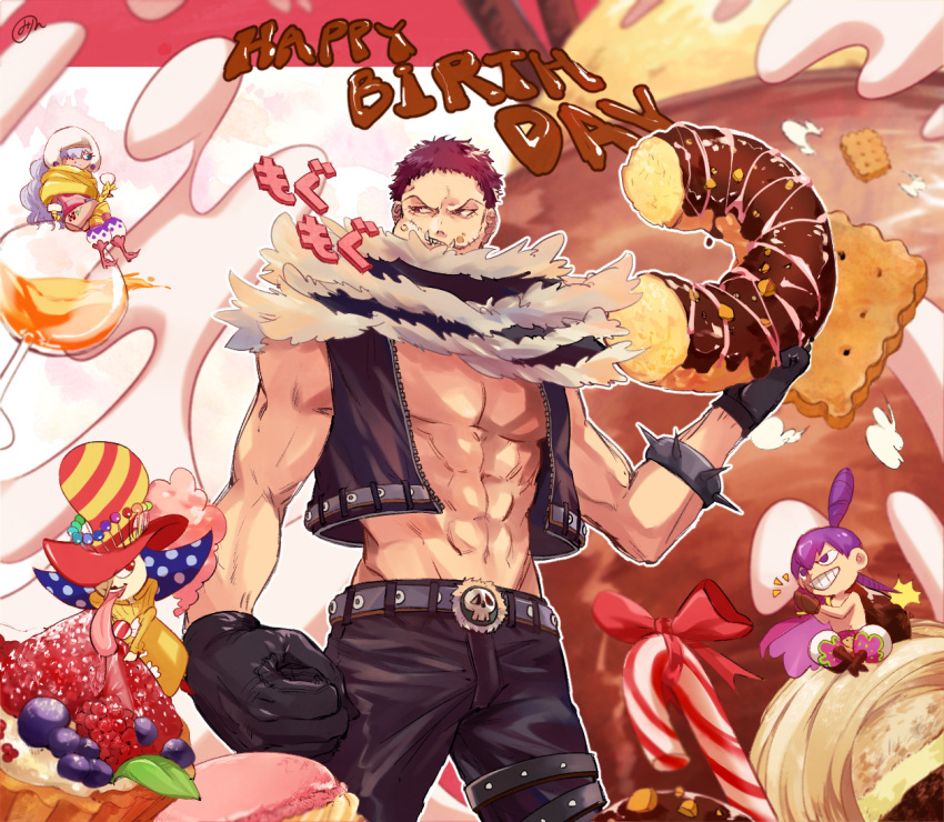 candie, candy, charlotte_cracker, charlotte_katakuri, charlotte_perospero, charlotte_smoothie, chibi, coene65, colored, donut, eating, food, gloves, male_focus, muscular_male, one_piece, scarf, shirtless, vest