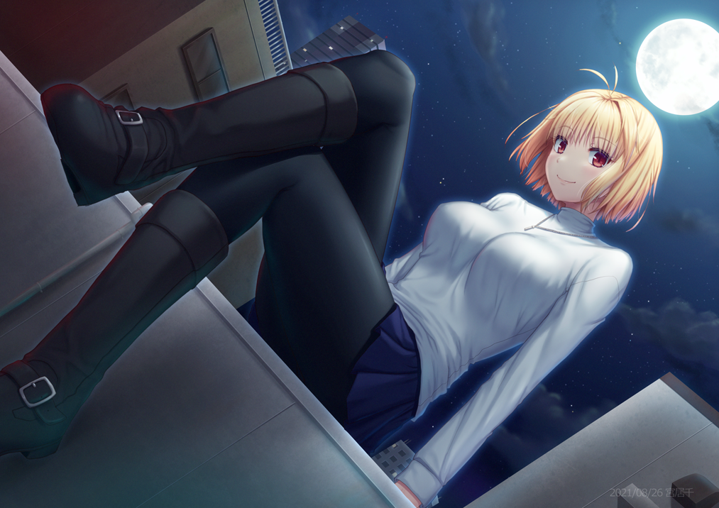1girl, ahoge, arcueid_brunestud, black_footwear, black_hair, black_legwear, blue_skirt, boots