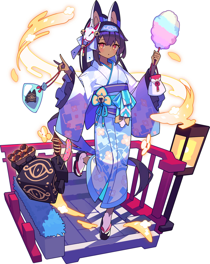 1girl, artist_request, bag, bagged_fish, bangs, bell, blue_hairband, blue_kimono, blue_ribbon, blush, chocolate_banana, cotton_candy, crossed_bangs, cube, dark-skinned_female, dark_skin, egasumi, eyebrows_visible_through_hair, fish, flat_chest, floating, floating_object, floral_print, food, fox_mask, fox_shadow_puppet, frilled_kimono, frilled_sleeves, frills, full_body, hair_ornament, hair_ribbon, hairband, hairclip, hands_up, headgear, high_ponytail, highres, holding, holding_food, ikayaki, japanese_clothes, jingle_bell, kimono, lantern, leg_up, long_hair, long_sleeves, looking_at_viewer, mask, mask_on_head, nephtim_(world_flipper), night, non-web_source, obi, official_alternate_costume, official_art, open_mouth, orange_eyes, outdoors, plastic_bag, pouch, purple_hair, ribbon, sandals, sash, shiny, shiny_hair, sidelocks, skewer, socks, solo, sprinkles, standing, standing_on_one_leg, tabi, takoyaki, tied_hair, transparent_background, water, white_legwear, wide_sleeves, world_flipper