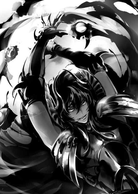 1boy, armor, digital_art, fingerless_gauntlets, floating_hair, garuda_aiacos, grin, joka_(night_gate)