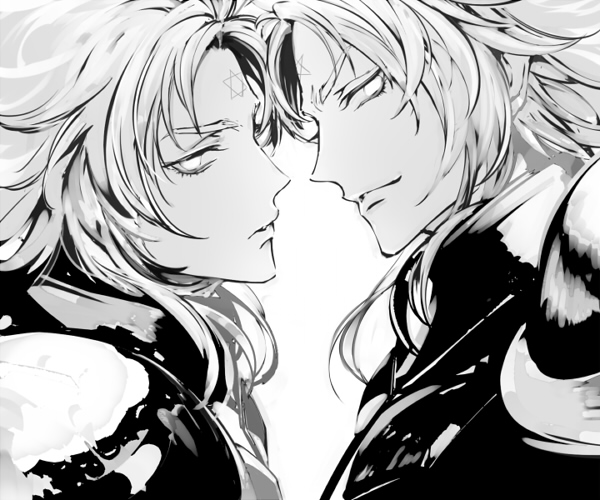 2boys, armor, digital_art, face_to_face, facing_another, floating_hair, hypnos_(saint_seiya), joka_(night_gate)