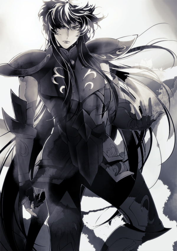 1boy, aquarius_camus, armor, digital_art, fingerless_gauntlets, floating_hair, joka_(night_gate), male