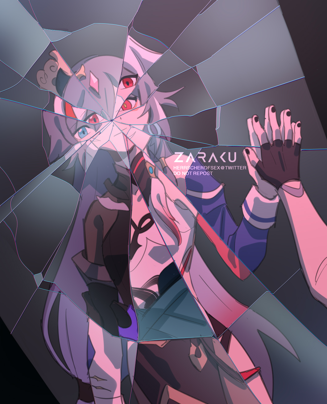 1girl, artist_name, bangs, banned_artist, black_gloves, black_hair, black_nails, blue_eyes, broken_mirror, closed_mouth, different_reflection, fingerless_gloves, fu_hua, fu_hua_(azure_empyrea), fu_hua_(herrscher_of_sentience), fu_hua_(night_squire), fu_hua_(phoenix), fu_hua_(shadow_knight), fu_hua_(valkyrie_accipter), gloves, hair_between_eyes, highres, holding, honkai_(series), honkai_impact_3rd, long_hair, long_sleeves, looking_at_viewer, mirror, nail_polish, red_eyes, reflection, shattered, solo, white_hair, zaraku