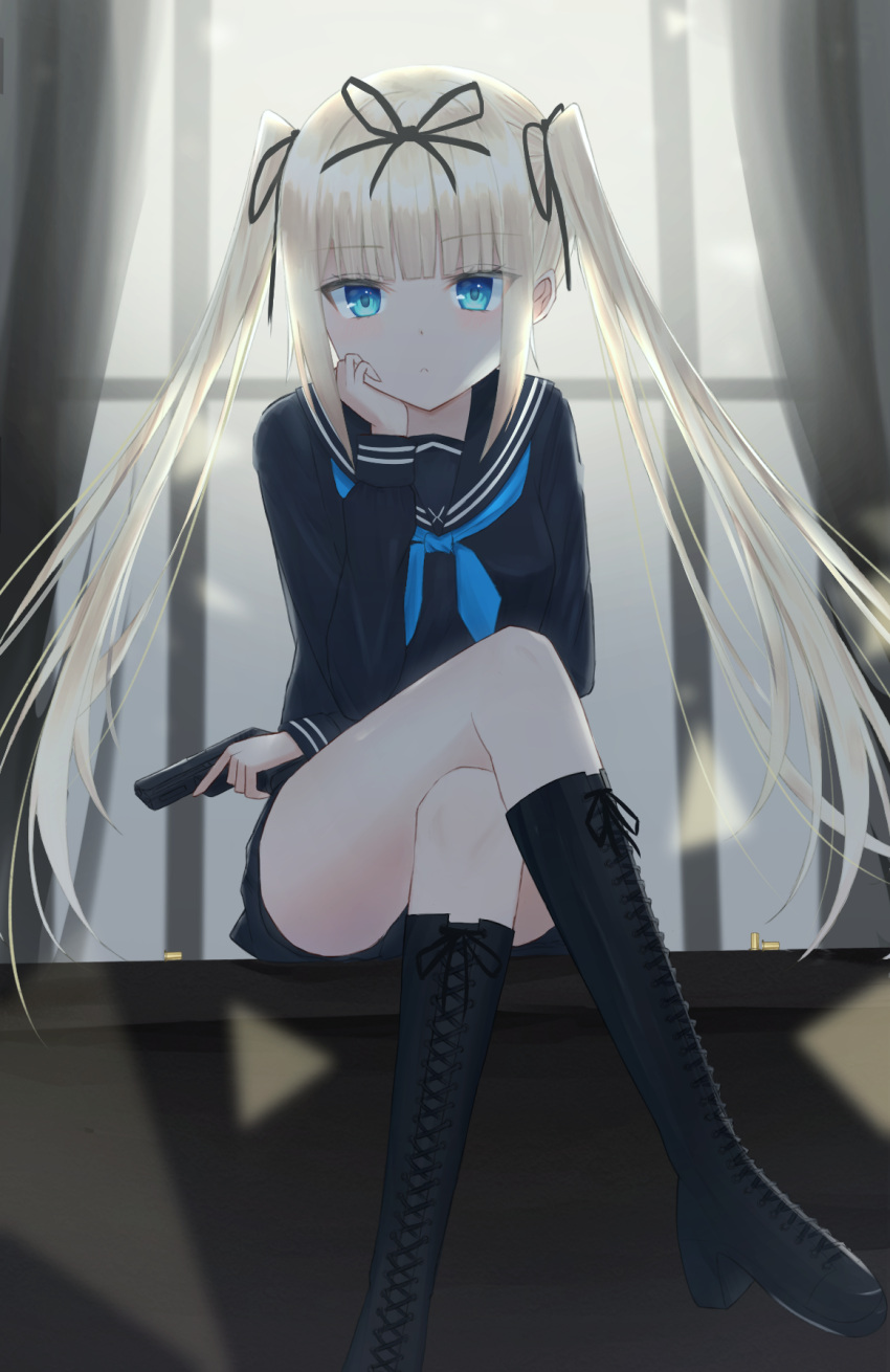1girl, bangs, black_footwear, black_shirt, blonde_hair, blue_eyes, blunt_bangs, boots