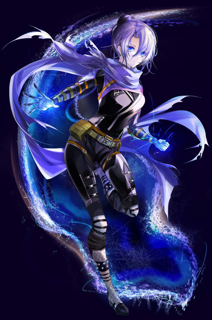 1girl, absurdres, apex_legends, belt, belt_pouch, black_footwear, black_gloves, blue_background