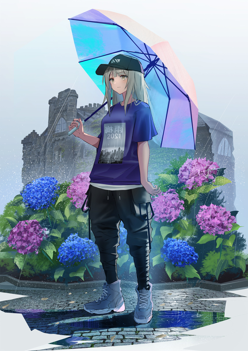 1girl, baseball_cap, black_pants, drawstring, flower, grey_footwear, grey_hair, hat