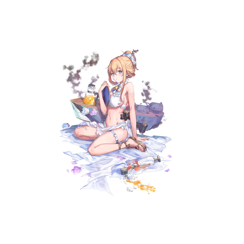 1girl, azutarou, bikini, blonde_hair, bow, breasts, eyebrows_visible_through_hair, flower, full_body, hair_between_eyes, hair_bow, hand_on_own_chest, highres, large_breasts, looking_at_viewer, navel, official_art, petals, rigging, sandals, short_hair_with_long_locks, short_ponytail, shropshire_(steelblue_mirage), sidelocks, sitting, solo, sweatdrop, swimsuit, thigh_strap, torn_bikini, transparent_background, tray, violet_eyes, warship_girls_r, white_bikini, yokozuwari
